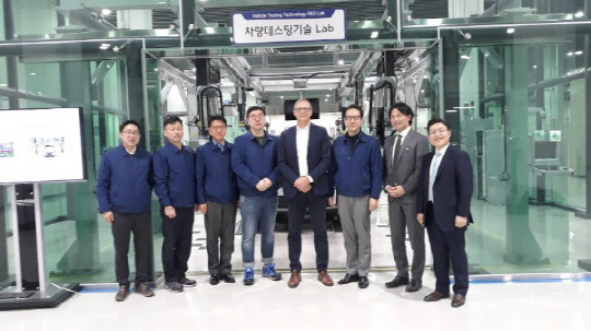 현대자동차 관계자와 함께 전장집중검사시스템을 둘러보고 있는 요르겐 본 홀렌 유니버설로봇 사장(중)